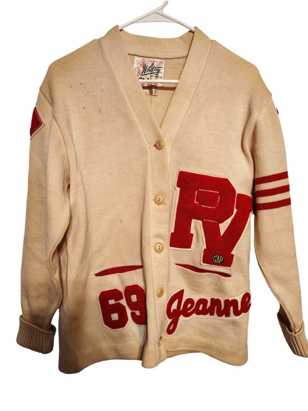 Vintage Whiting Los Angeles Letterman Cardigan Cream Red, 1960's Jeanne READ
